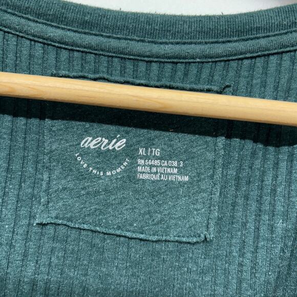 Aerie Green Ribbed Long Sleeve Top XL V-Neck Stretch Minimalist Casual - Picture 5 of 6